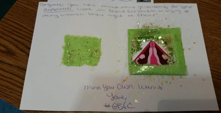 A sample of the mailings sent by "Glitter Bombs For Choice" 