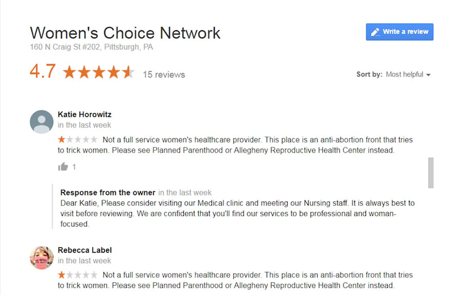 Planned Parenthood staffers in Pittsburgh are targeting a local pregnancy center network with negative Google reviews.